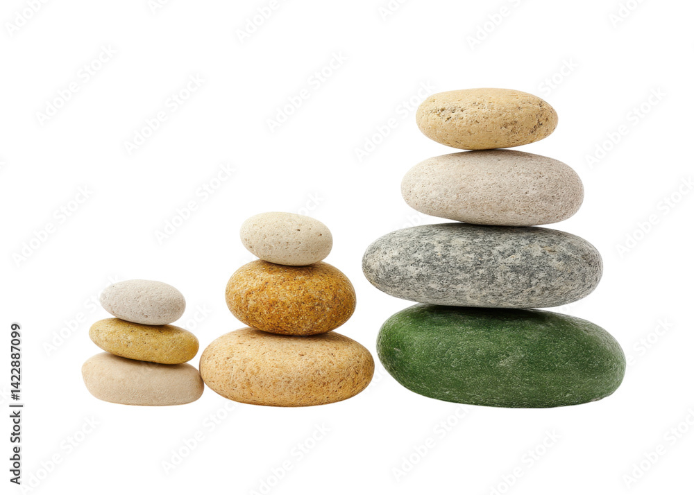 Three stacks of balanced stones on a transparent background. Concept of balance, zen, and meditation. Three stacks of balanced stones on a transparent background. Concept of balance, zen, and meditation.