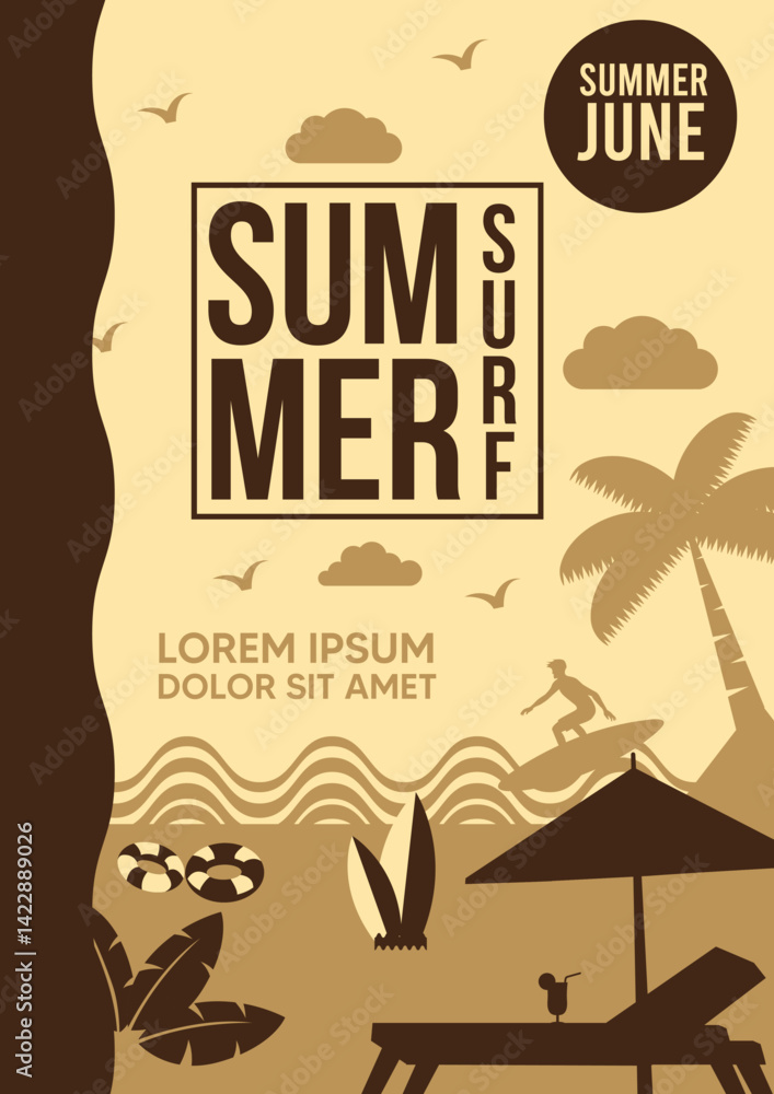 Bright summer-themed vector illustration with a tropical vibe showcasing beach surfing, palm trees, and relaxation. Perfect for seasonal promotions, travel advertisements, or sunny vacation concepts.