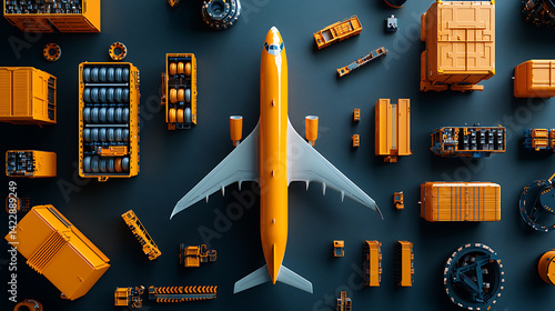 Cargo airplane in action over shipping containers global trade hub aerial view industrial environment