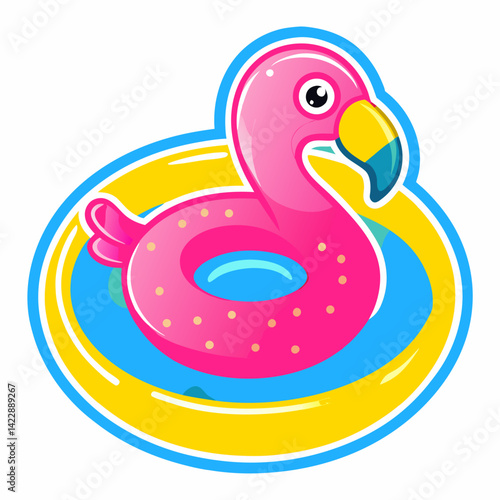 Fun inflatable flamingo float sticker featuring a bright pink flamingo on a colorful ring for poolside enjoyment