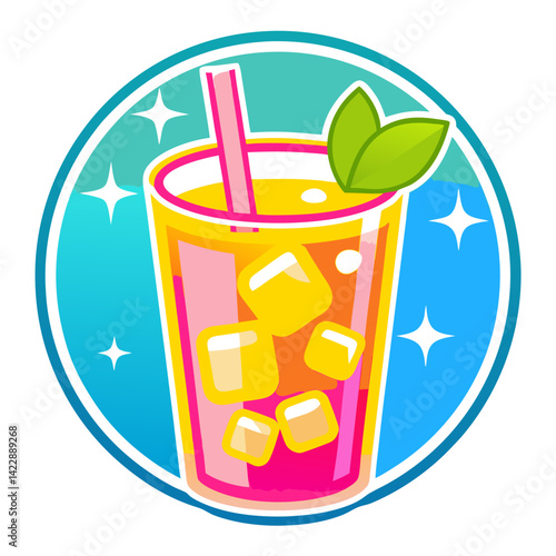 Refreshing drink sticker featuring a colorful beverage with ice cubes and a mint leaf for a cool summer vibe