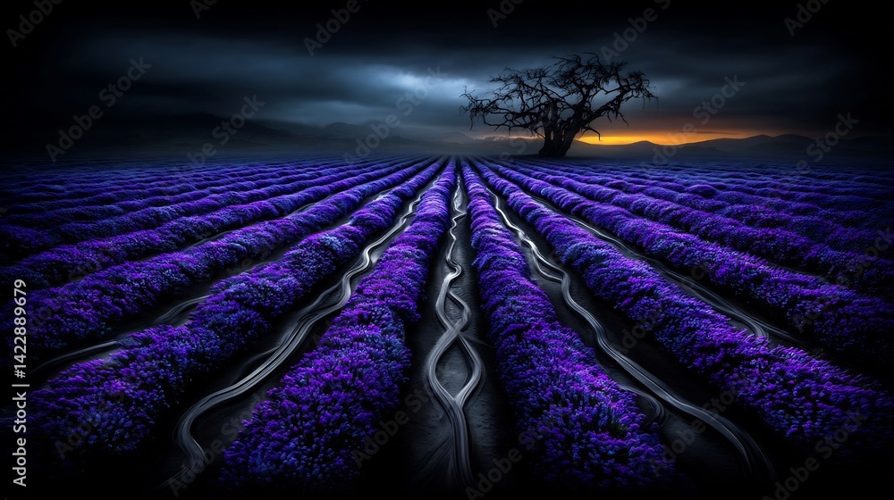Obraz premium Ethereal lavender field landscape under a dramatic sky with a solitary tree