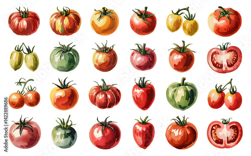 Watercolor Variety of Fresh Tomatoes in Grid Layout