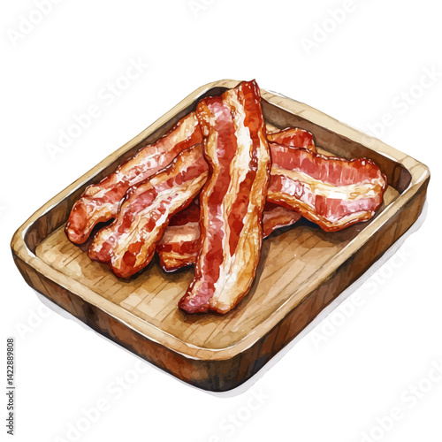 Bacon Strips On A Wooden Tray, watercolor vector, isolated on a white background.