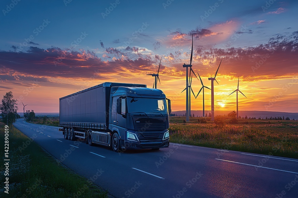 Obraz premium Truck Driving on Road with Wind Turbines at Sunset in Landscape
