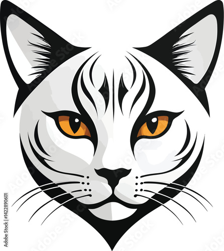 Minimalist Cat Head Silhouette - Sleek Black & White Tribal-Style Feline Illustration