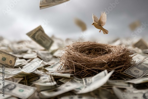 Bird Flying Over Nest Surrounded by Flying Money Bills
