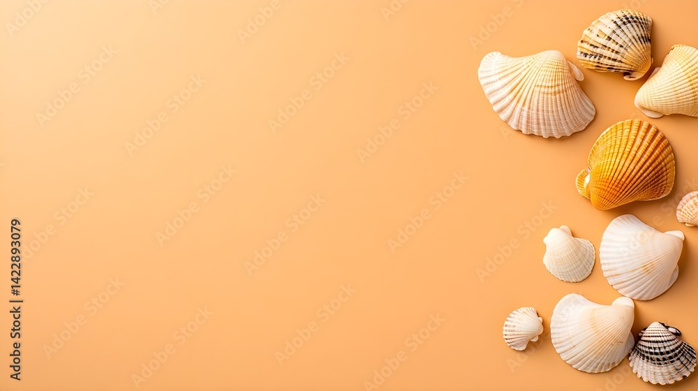 Beautiful Assortment of Seashells on Soft Sandy Background Beautiful Assortment of Seashells on Soft Sandy Background