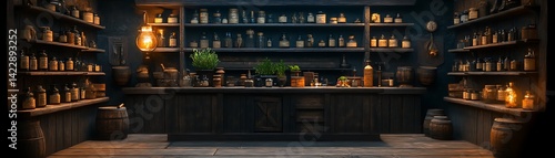 Dark Wooden Apothecary Shop Interior