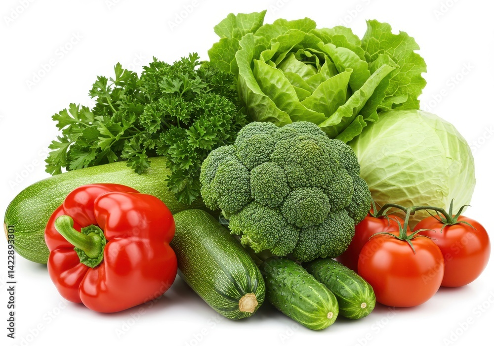 Assortment of fresh vegetables including lettuce tomato zucchini broccoli and bell pepper displayed together Assortment of fresh vegetables including lettuce tomato zucchini broccoli and bell pepper displayed together