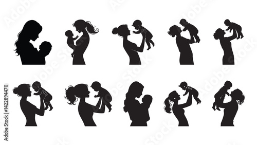 Silhouette of mother and child vector illustration for mothers day black color on white background	