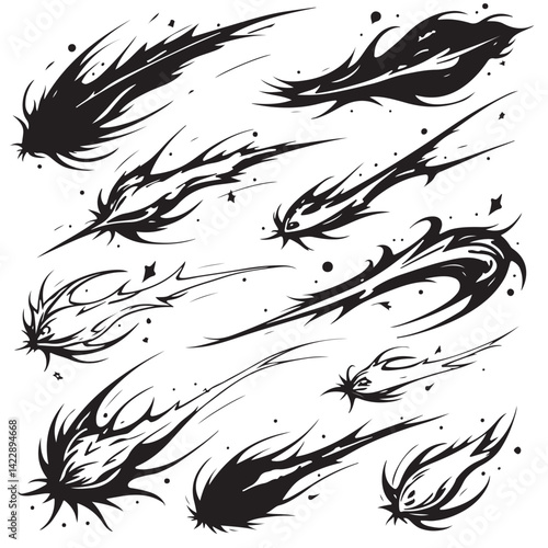 Transparent PNG available
line movement element vector set, comic speed lines, motion lines, dynamic effect, manga action elements, swoosh, burst, swirl, impact stroke, motion streaks, anime style, ex