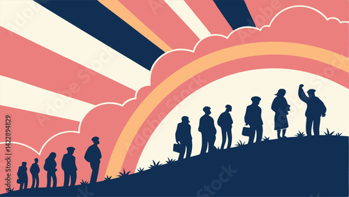 Vector illustration of workers silhouettes with sunburst in the background, May 1st Day, Labour Day concept, Happy Labour Day, Labor Day, Workers Day