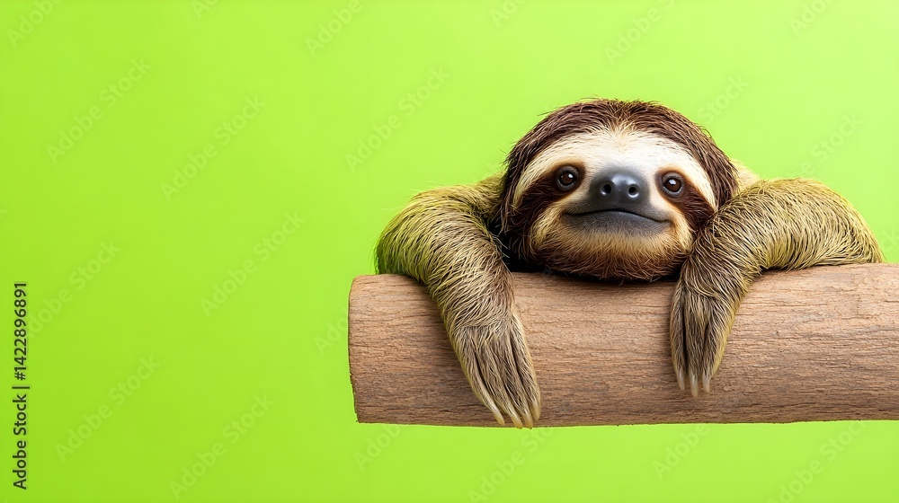 Fototapeta premium Cute Sloth Relaxing on a Wooden Log Against a Green Background