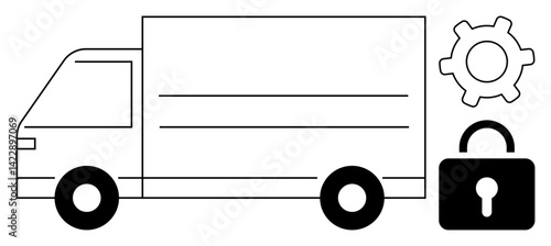 Delivery truck, gear, and lock combine, symbolizing logistics, supply chain, secure transport, optimization, safety cargo management and fleet operations. Ideal for business security efficiency