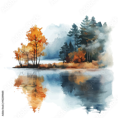illustration of Autumn Fog Rolling Across A Quiet Lake, watercolor vector, isolated on a white background.