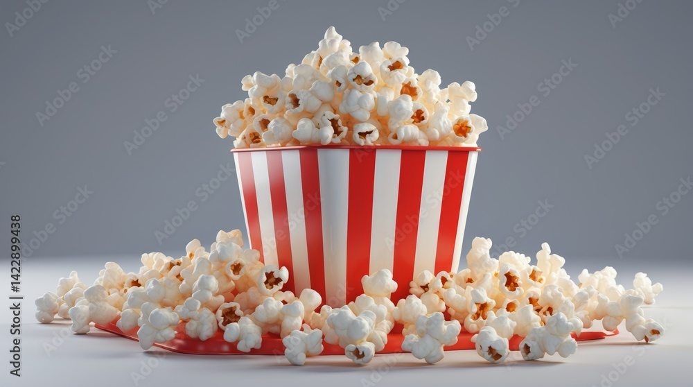 A bucket overflowing with buttery popcorn scattered on a white surface A bucket overflowing with buttery popcorn scattered on a white surface