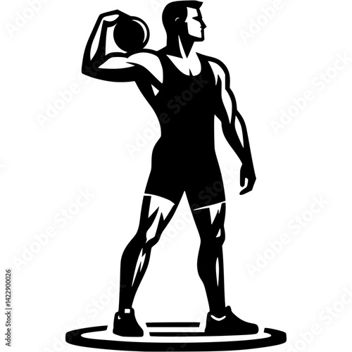 Sport emblem of male athlete stands in position preparing to push shot putter in monochrome. Engraving minimalistic vector in black ink drawing on transparent background