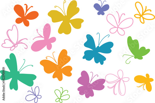Cute butterfly vector. hand drawn spring background. child butterfly clip art isolated. Simple flat flower color  hand drawn bg. Cartoon fairy doodle baby sticker. Sweet spring crayon rainbow painting