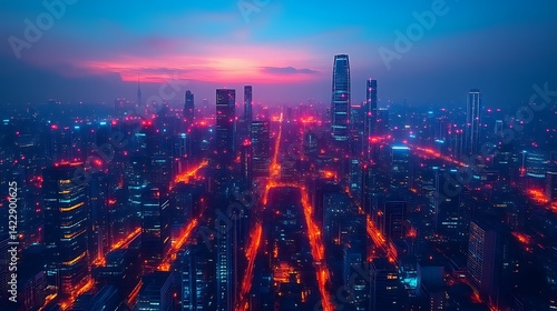 Wallpaper Mural Vibrant cityscape at dawn, illuminated streets and skyscrapers. Torontodigital.ca