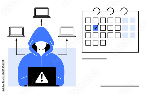 Anonymous hacker in blue hood using a laptop with warning sign, surrounded by connected laptops and a calendar with highlighted date. Ideal for cybersecurity, data protection, hacking, internet