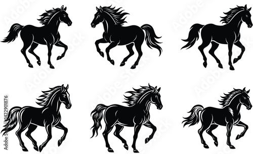 Running horse various design silhouette black vector art design on white background