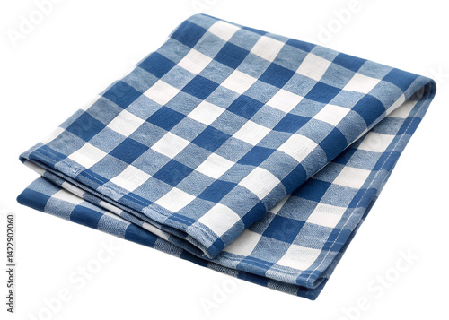 Transparent PNG available
Blue and white checkered napkin or tablecloth with soft folds and creases, casual fabric texture ideal for kitchen, dining, or picnic settings, isolated on transparent backgr