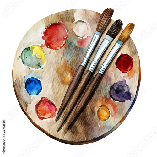 illustration of Artistas Palette With Mixing Brushes, watercolor vector, isolated on a white background.