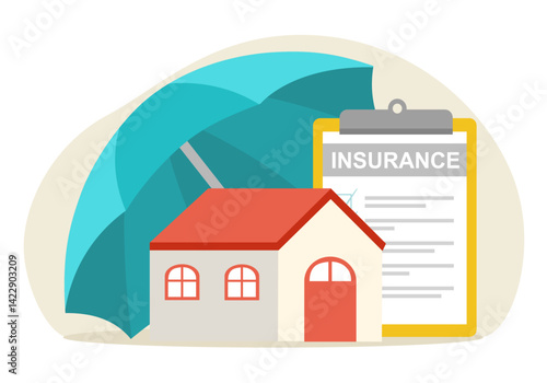 House property insurance, house and insurance document under umbrella vector illustration.