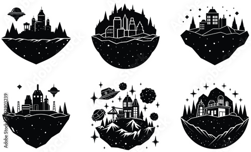 Space mining colony silhouette black vector art design set 