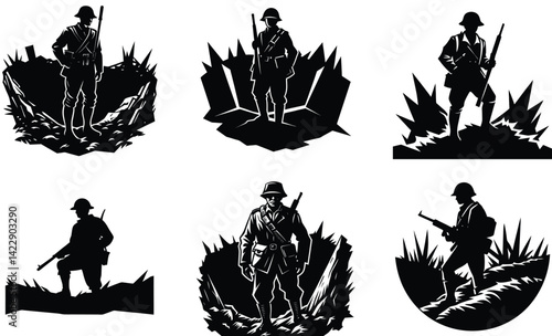 Soldier in trench silhouette black vector art design set