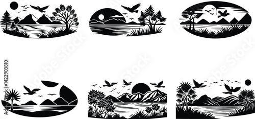 Sunset landscapes with birds silhouette vector art set design