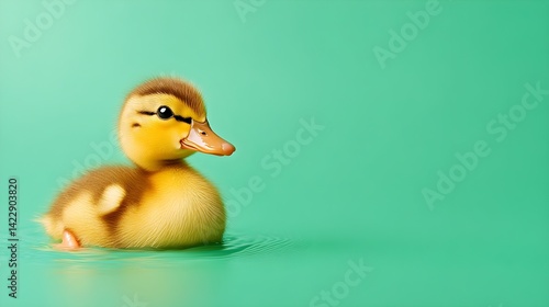Cute Yellow Duckling Swimming on Bright Green Background