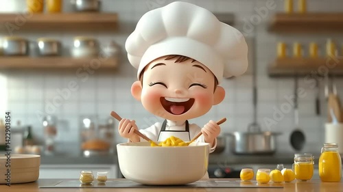 Joyful Child Chef Cooking in a Whimsical Kitchen