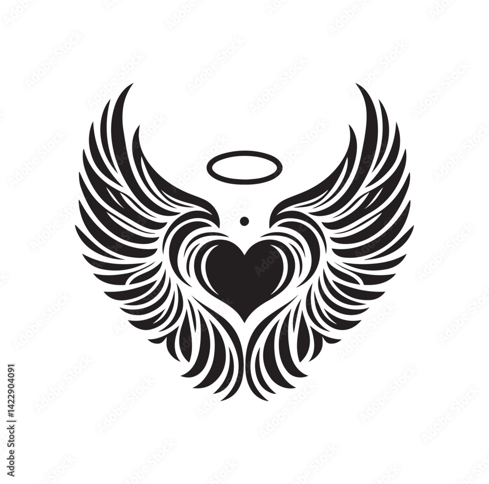 Obraz premium Angelic Heart Wings of Love silhouette vector illustration