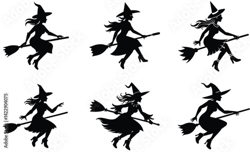 Witch on broomstick silhouette black vector art  design set