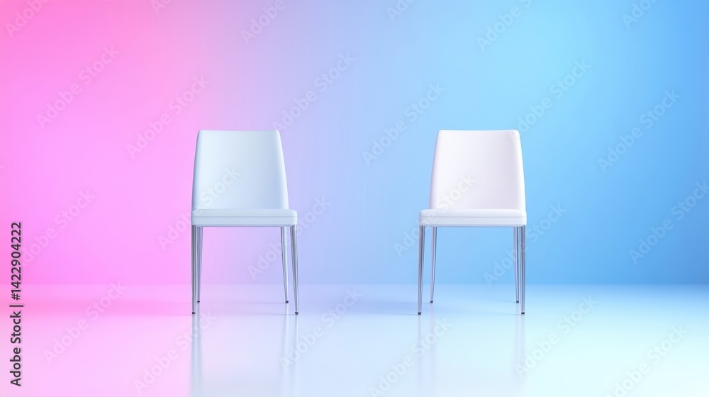 Two white chairs in a vibrant, gradient-lit studio Two white chairs in a vibrant, gradient-lit studio