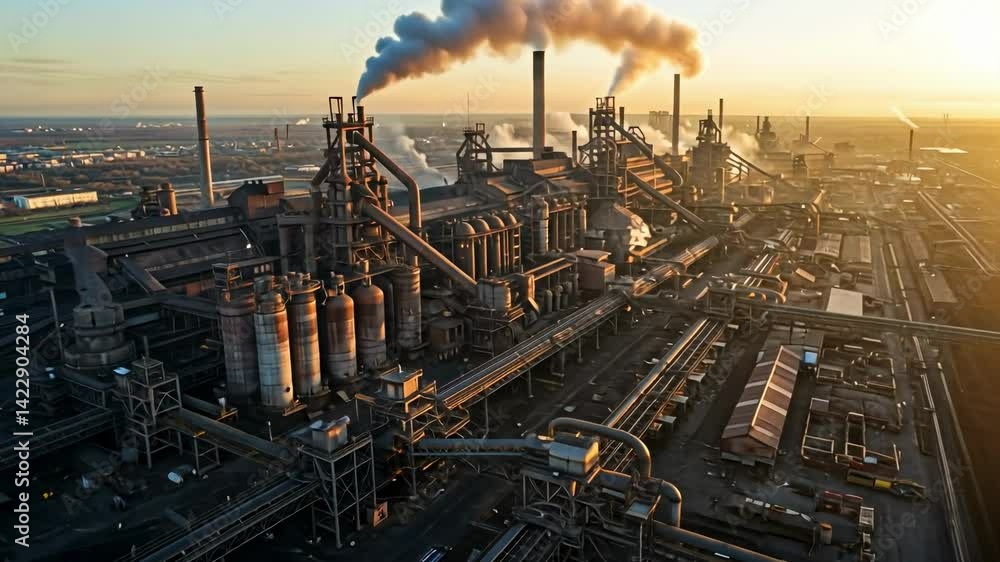 An expansive industrial complex is highlighted during the serene sunset hours, with countless pipes and machinery working in unison. Smoke billows from towering smokestacks into the warm evening sky An expansive industrial complex is highlighted during the serene sunset hours, with countless pipes and machinery working in unison. Smoke billows from towering smokestacks into the warm evening sky