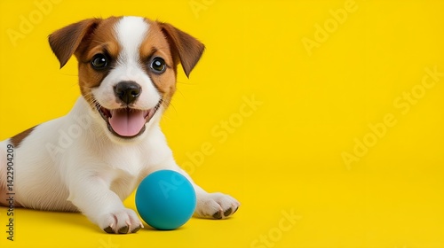Cute puppy with a blue ball on bright yellow background