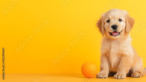Cute Golden Retriever Puppy Sitting Next to a Ball on Yellow Background