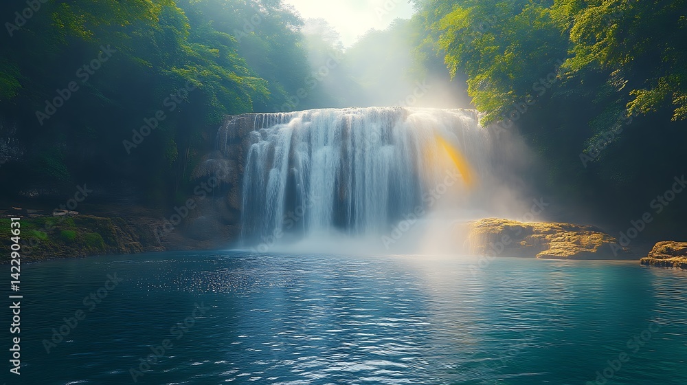 Fototapeta premium Sunlit waterfall cascading into a serene pool, lush green foliage.