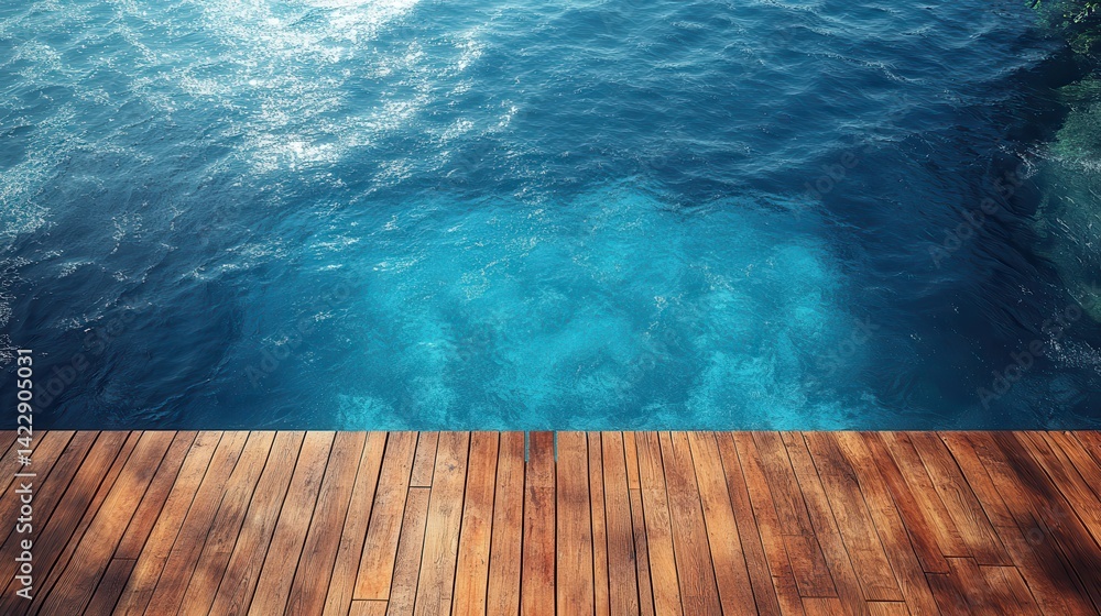 Obraz premium empty wooden deck beside a serene swimming pool - photo for design