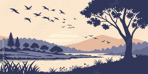 flock of birds flying on the background evening landscape above the lake in Thailand vector illustration.
