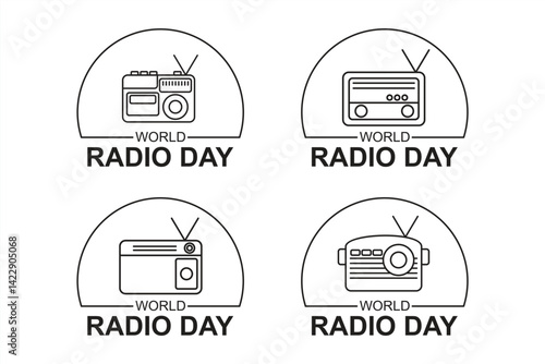 Set of four minimalist line art illustrations for World Radio Day, featuring various vintage radio icons. Perfect for media, communication, and broadcasting celebration themes.