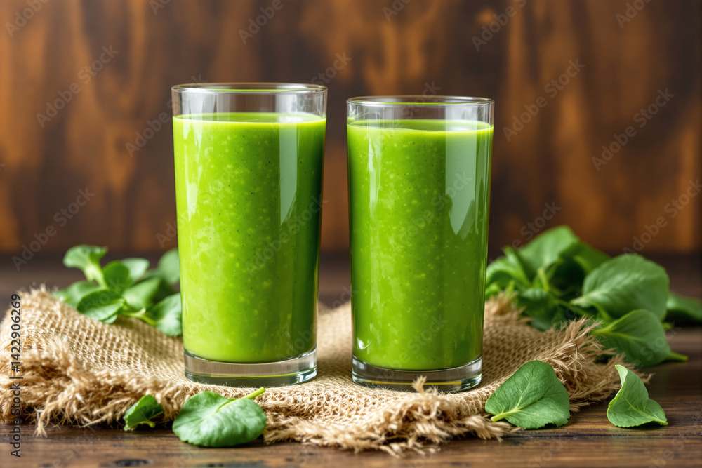 Two green smoothies in clear glasses with leafy greens on burlap, rustic wood background. Concept of healthy organic drinks. Ai generative