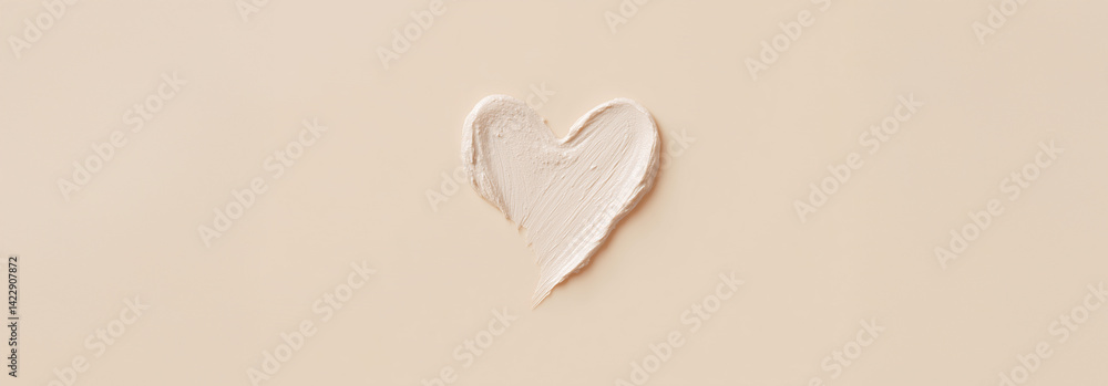 Heart swatch of creamy white cosmetic on beige background with copy space