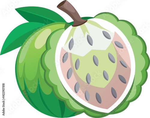 A vibrant vector art illustration of a delicious cherimoya fruit, showcasing its green skin and creamy interior in colorful detail.