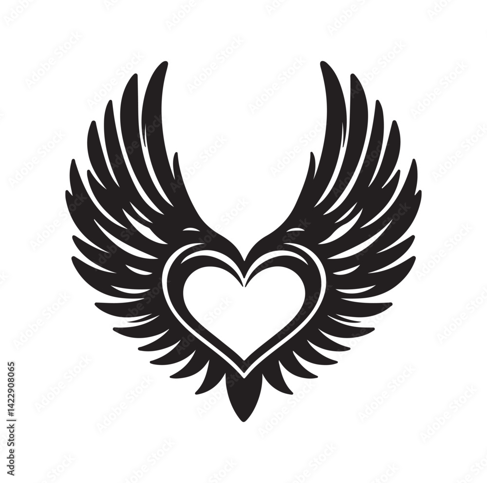 Fototapeta premium Angelic Heart Wings of Love silhouette vector illustration