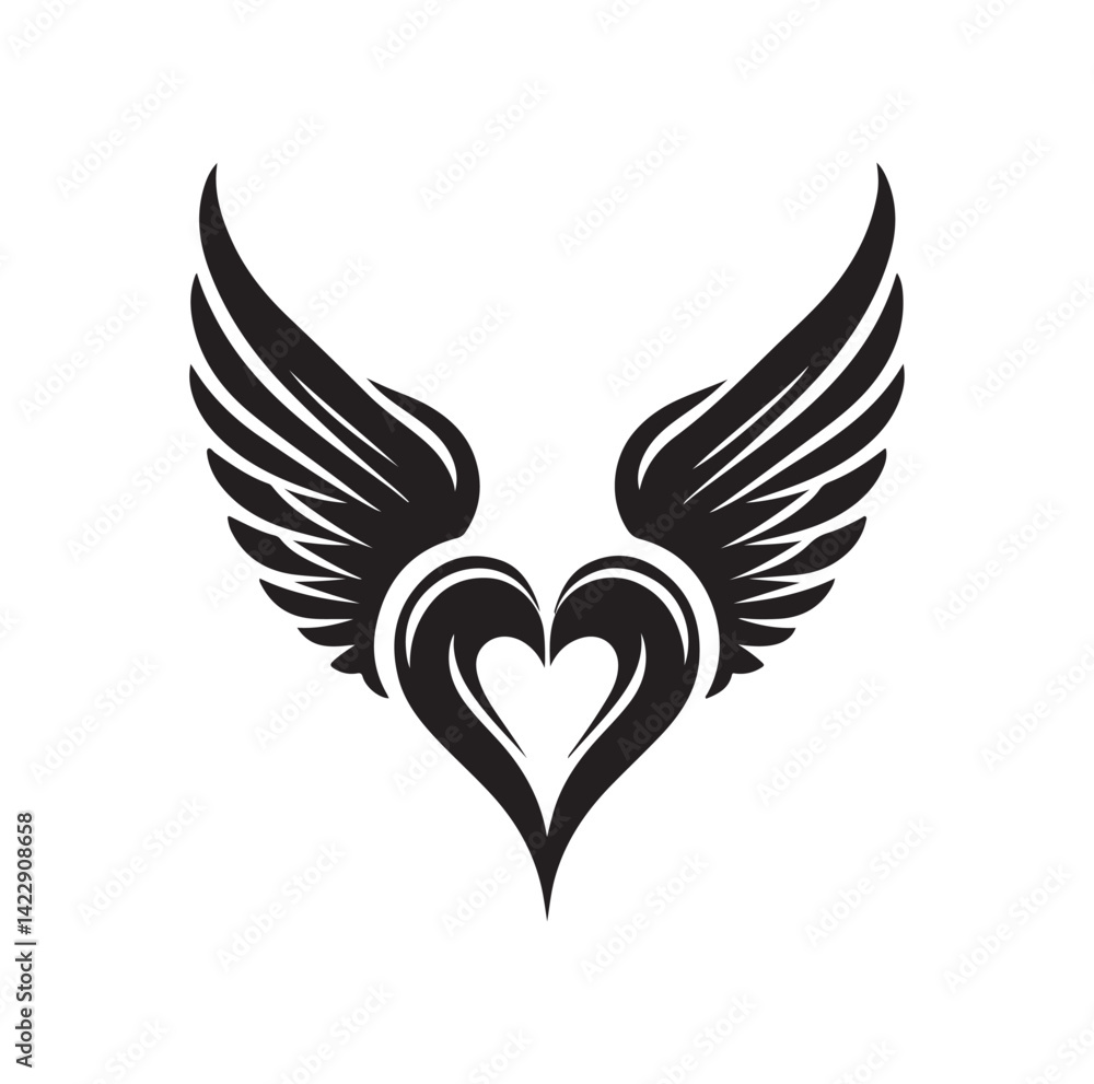 Fototapeta premium Angelic Heart Wings of Love silhouette vector illustration