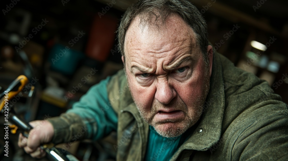 Frustrated Man Scowling in Dramatic Garage Scene with Car Repair Under Natural Light Frustrated Man Scowling in Dramatic Garage Scene with Car Repair Under Natural Light